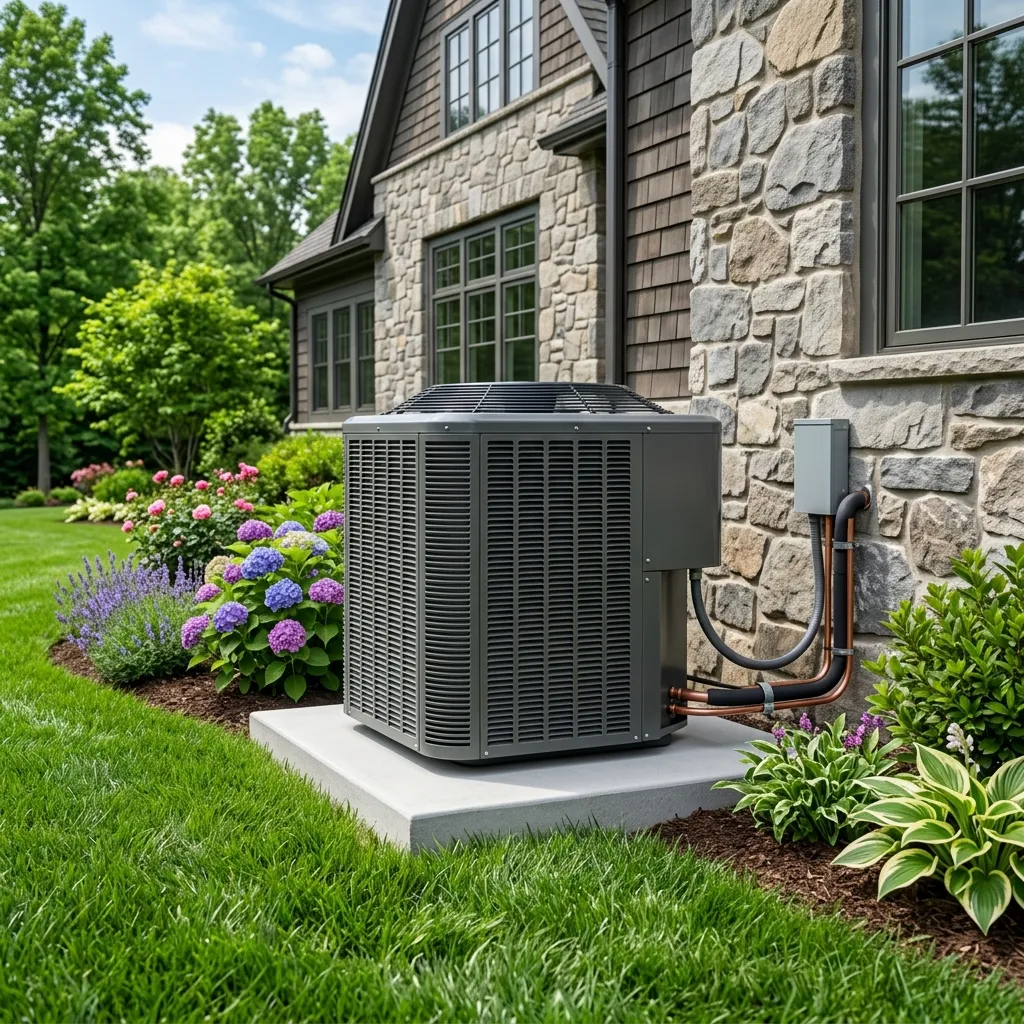 Modern residential HVAC condenser repair in Orange County NY, Technician performing AC repair in Warwick - NY while inspecting blower components in a basement system