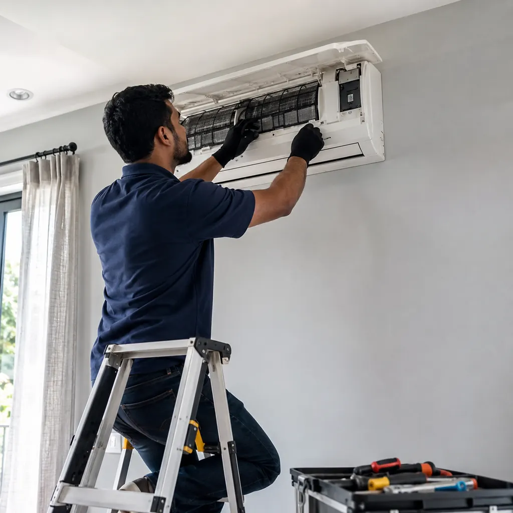 AC Repair in Orange County - NY as a technician checks an outdoor condenser during a heatwave, AC Repair in Cornwall - NY as a technician checks refrigerant readings beside a condenser