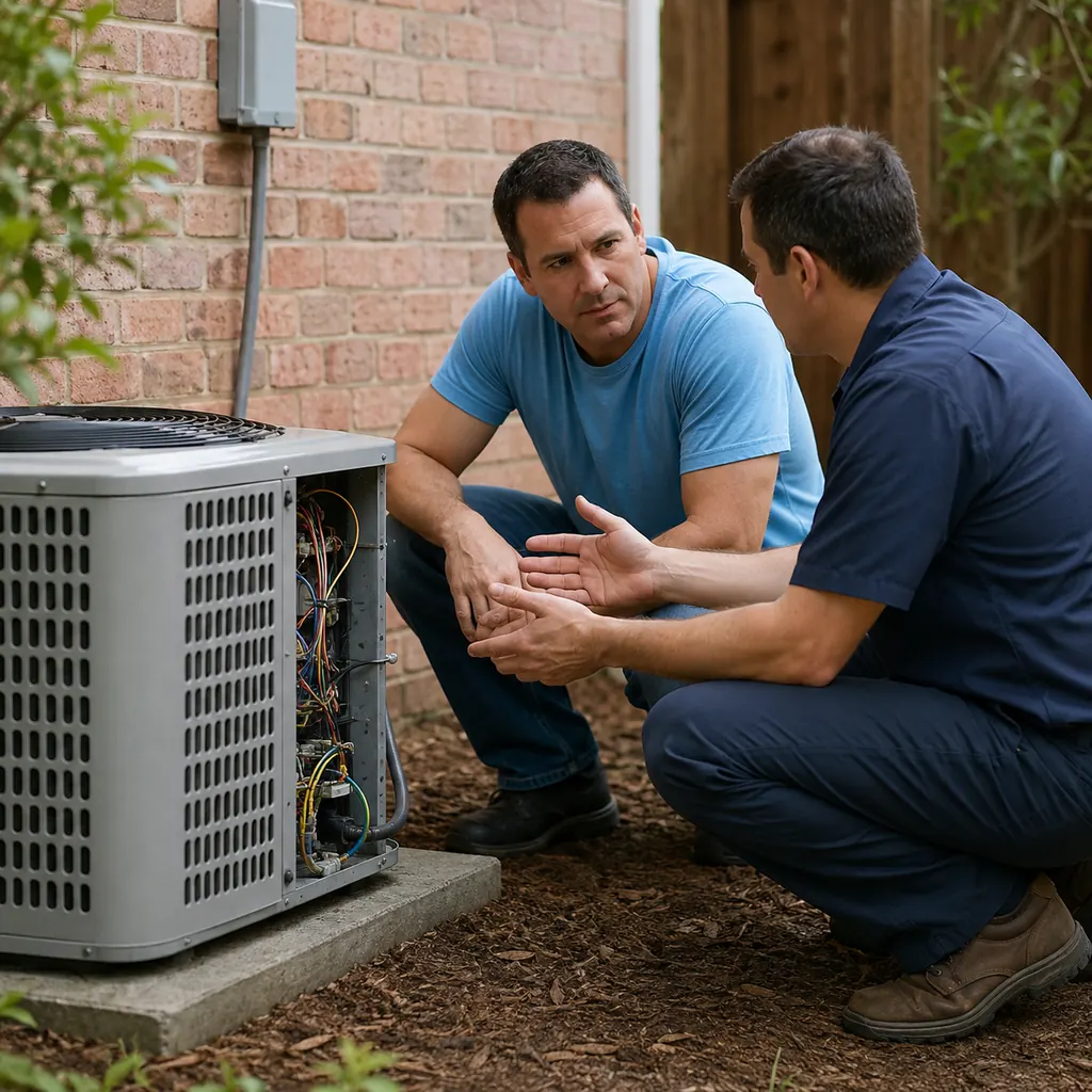 Technician performing AC repair diagnostics beside an Orange County - NY home condenser unit, Technician performing AC repair in a Cornwall - NY basement while checking electrical connections