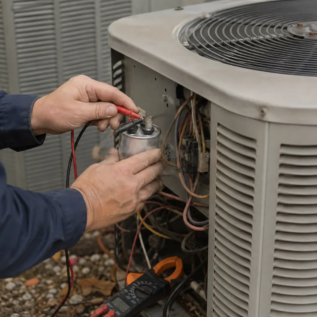 AC Repair in Middletown - NY as a technician tests refrigerant levels beside a home condenser, AC Repair in Goshen - NY as a technician tests condenser components beside a home
