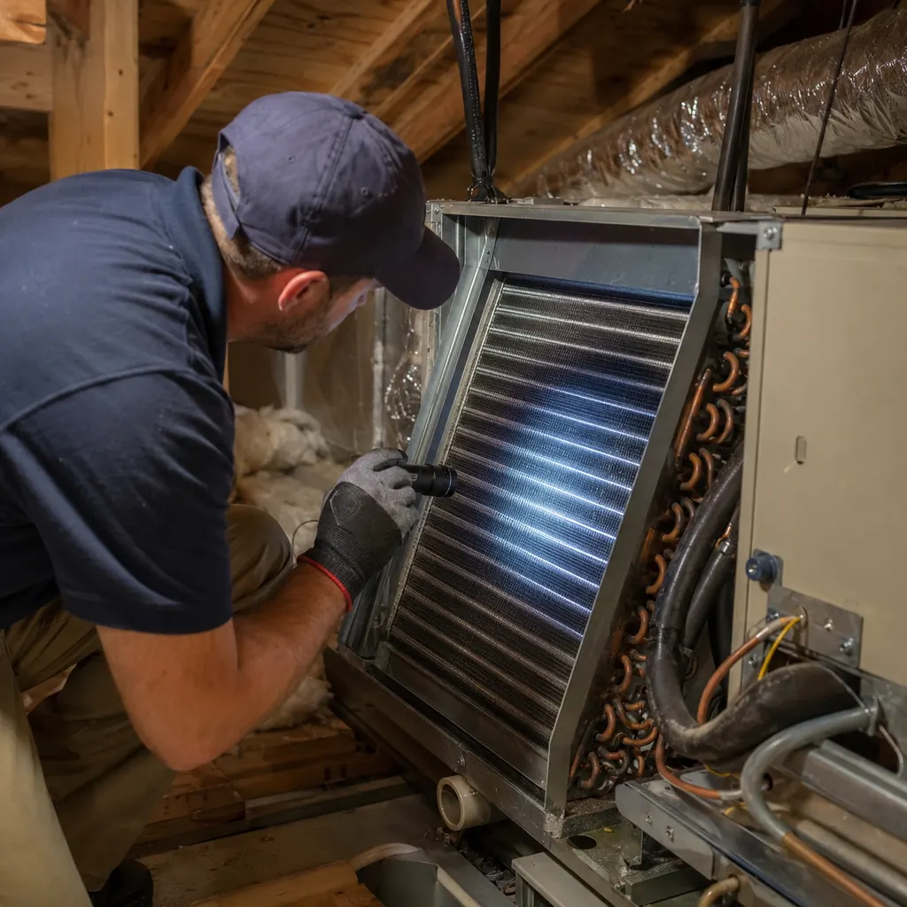 HVAC technician completing AC repair diagnostics at a Middletown - NY residence with airflow tools, Technician performing AC repair in a Goshen - NY utility area while checking system pressures