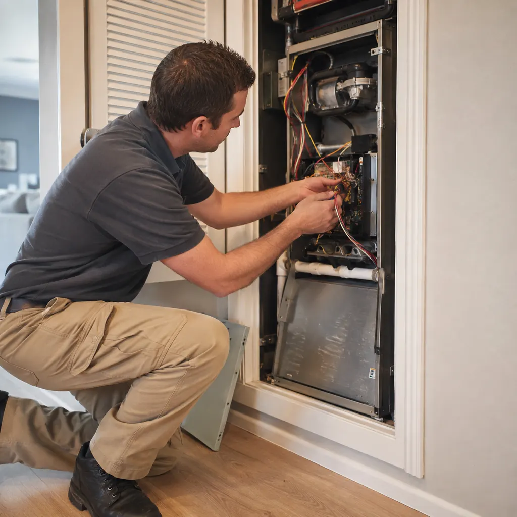 AC Repair in Newburgh - NY as a technician tests condenser wiring beside a residential unit, AC Repair in Chester - NY as a technician checks refrigerant lines beside an outdoor unit