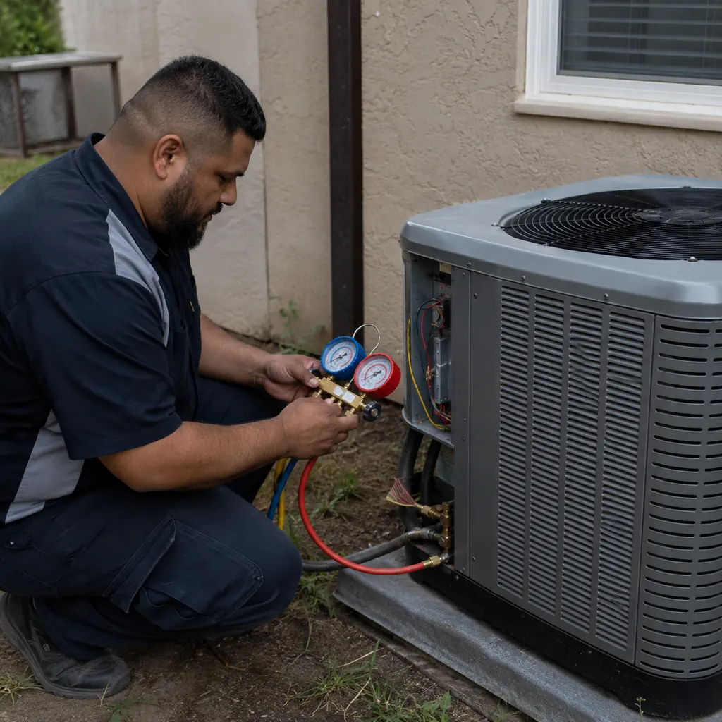 Technician performing AC repair testing in a Newburgh - NY home using electrical diagnostic tools, Specialist handling AC repair in Chester - NY while measuring airflow at a hallway vent