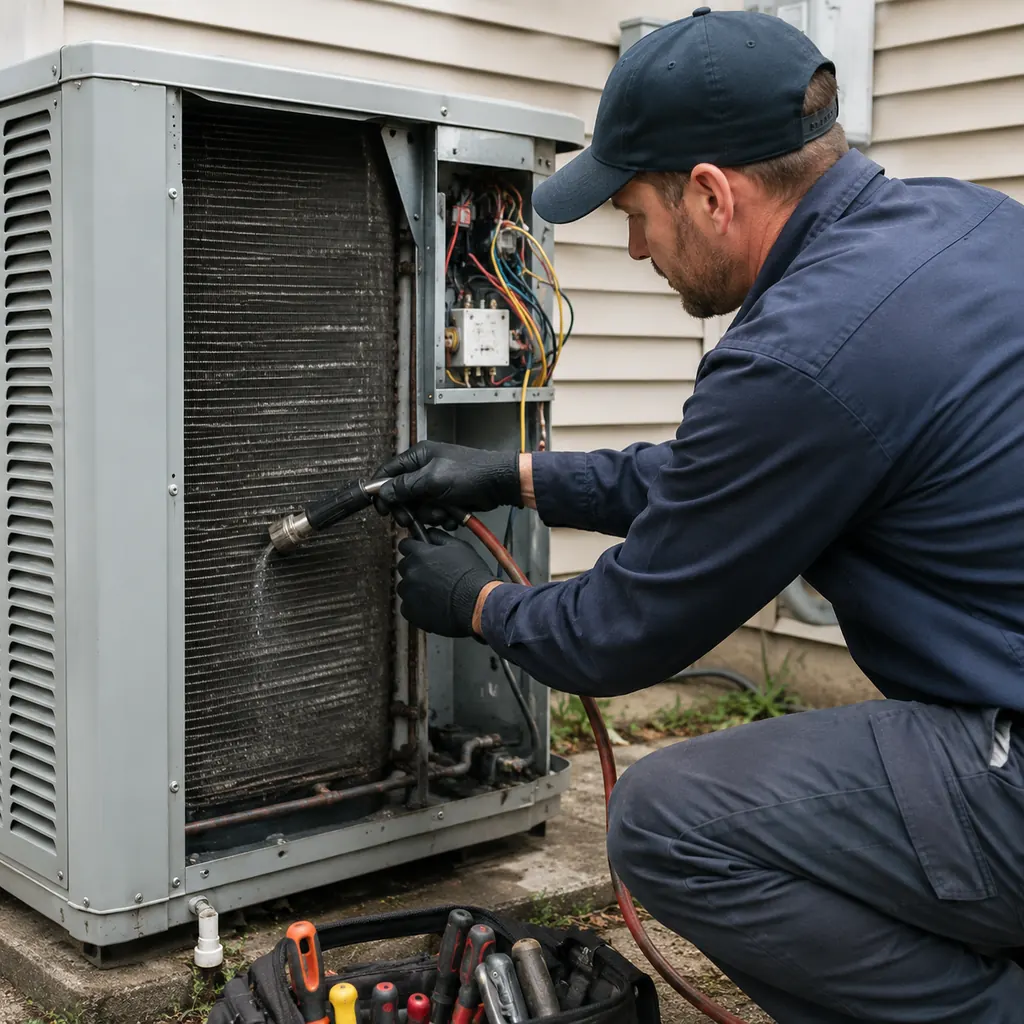 AC Repair in Monroe - NY as a technician checks refrigerant lines beside an outdoor condenser, AC Repair in Salisbury Mills - NY as a technician tests an outdoor condenser during a service visit