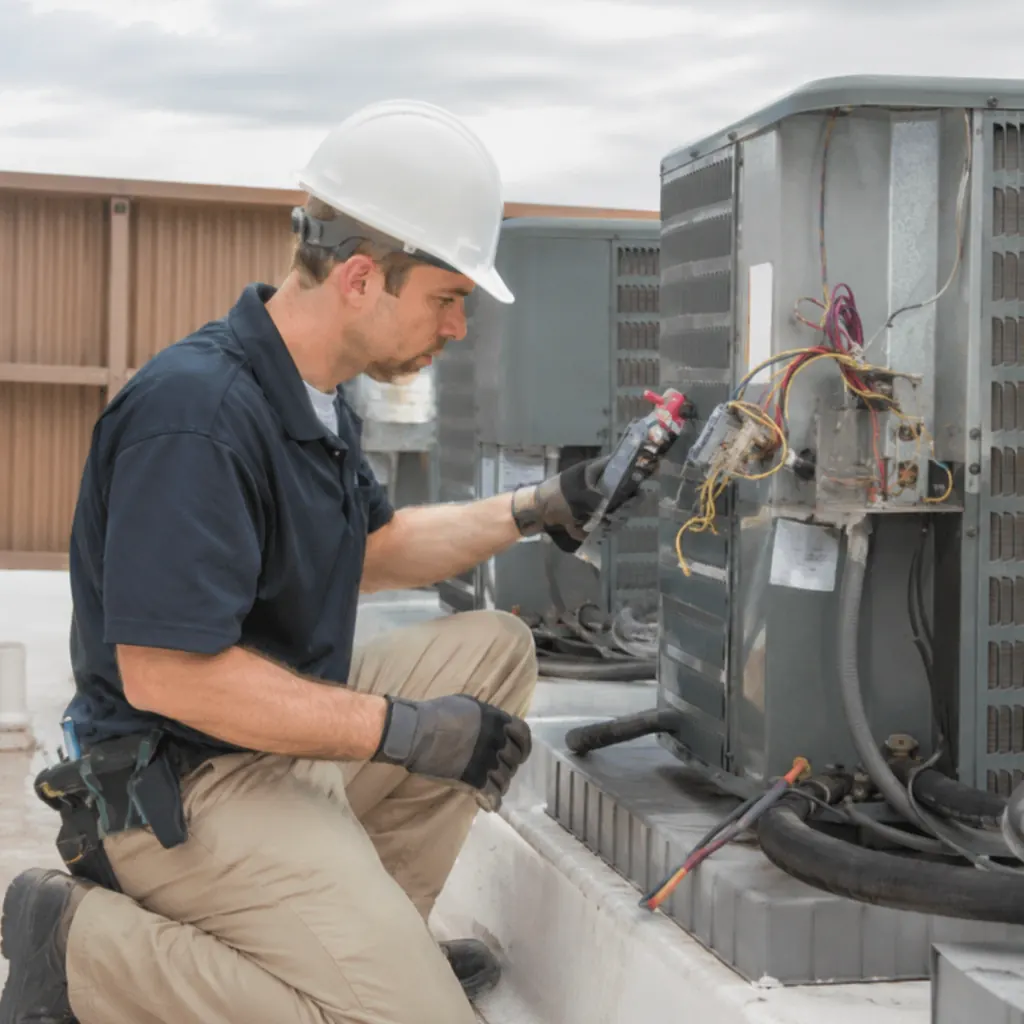 HVAC technician performing AC repair inside a Monroe - NY home while testing airflow at vents, Technician performing AC repair in Salisbury Mills - NY while checking electrical readings inside a utility room
