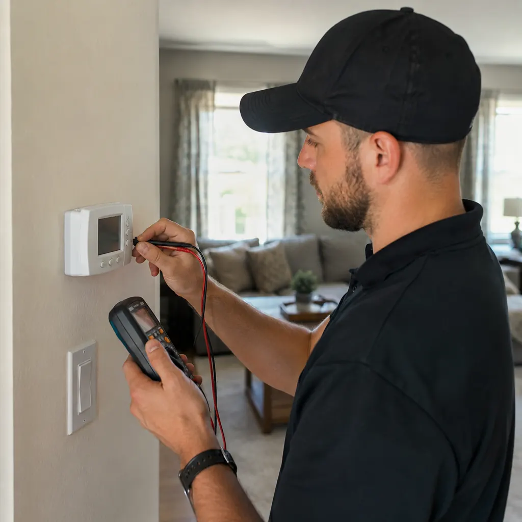Technician performing AC repair in a New Windsor - NY utility area while checking system readings
