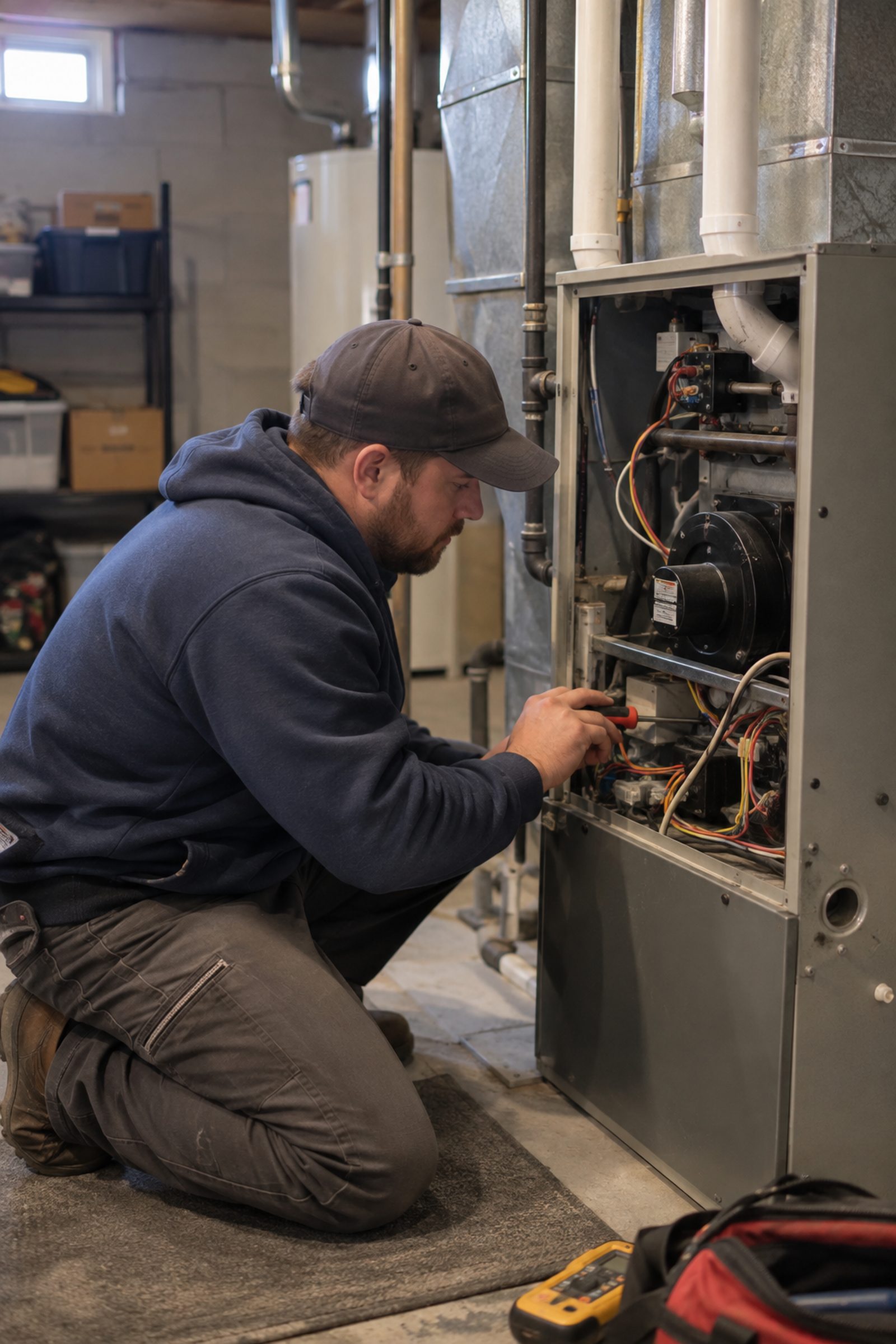 Furnace Repair in Middletown - NY underway as a technician tests burners in a basement unit, Furnace Repair in Cornwall - NY as a technician tests airflow near a basement furnace