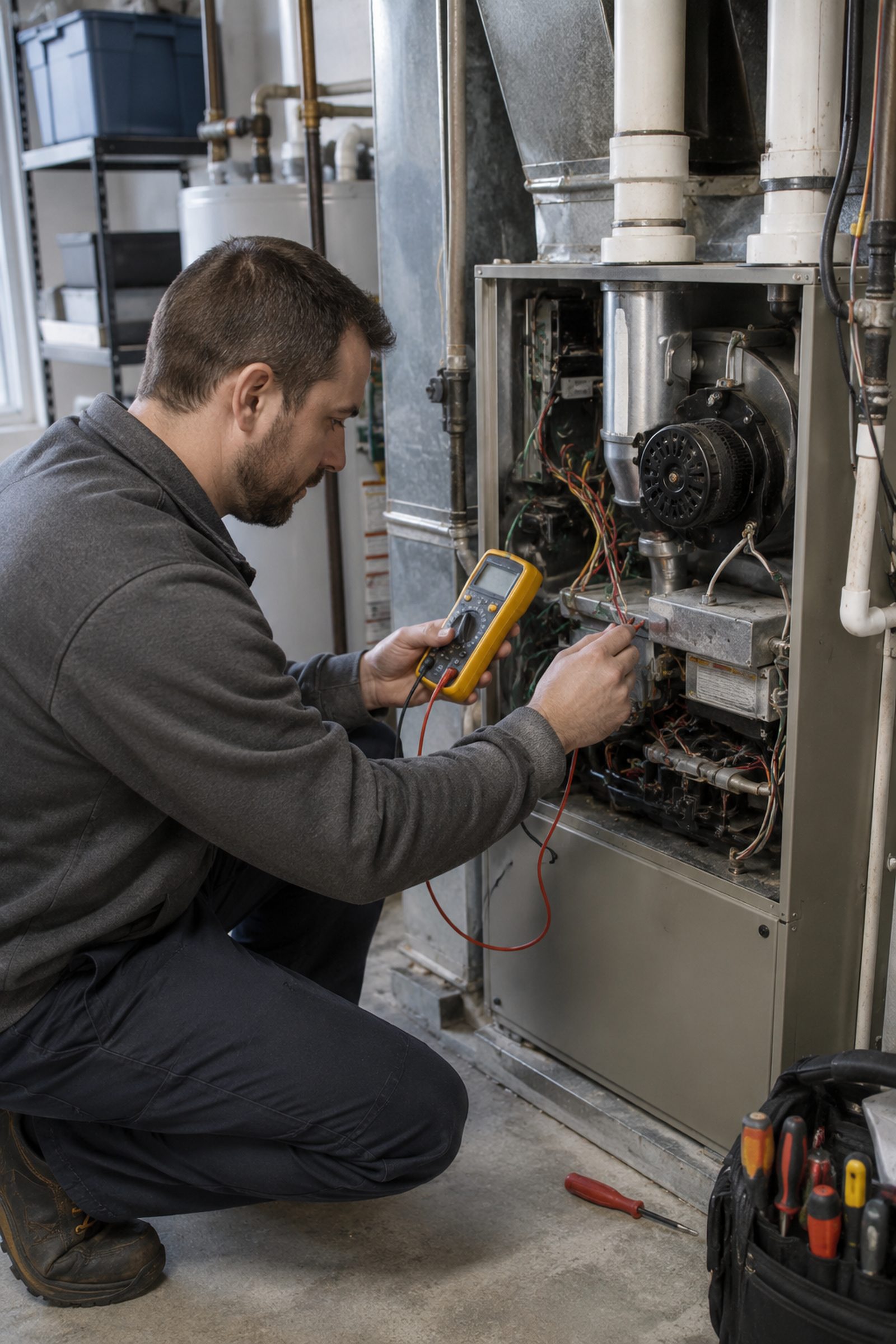 Technician performing Furnace Repair on a heating system inside a Middletown - NY home during winter, Technician handling Furnace Repair beside a gas heating system in a Cornwall - NY basement