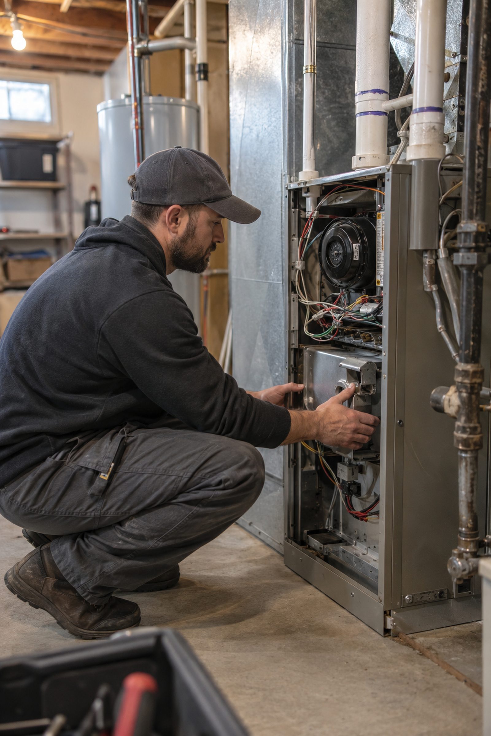 Furnace Repair in Newburgh - NY as a technician checks ignition components inside a utility room, Furnace Repair in Goshen - NY underway as a technician checks burner operation in a utility room