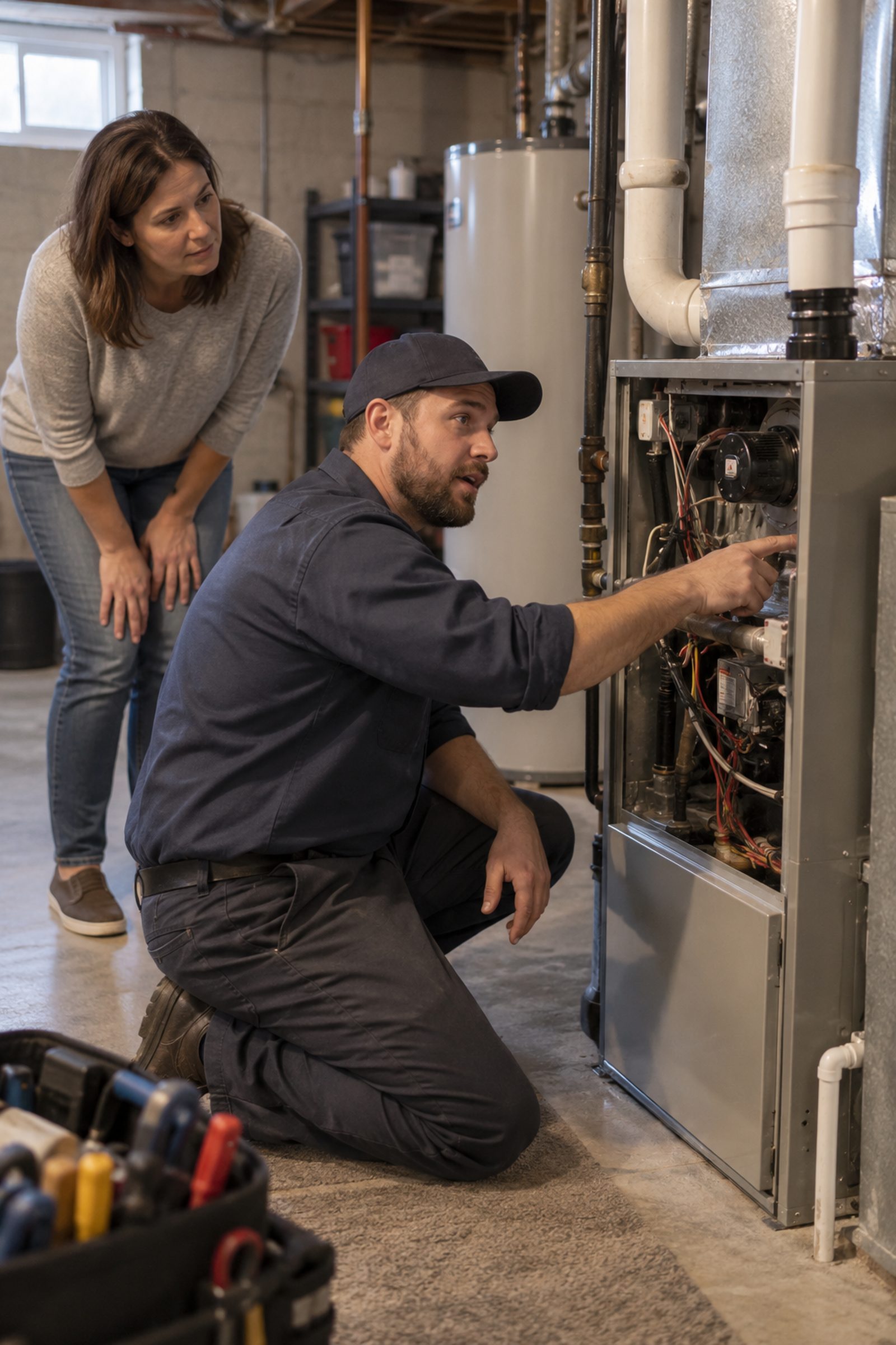Technician performing Furnace Repair on a gas system in a Newburgh - NY basement with testing tools, Technician performing Furnace Repair on a basement heating unit in Goshen - NY during winter service