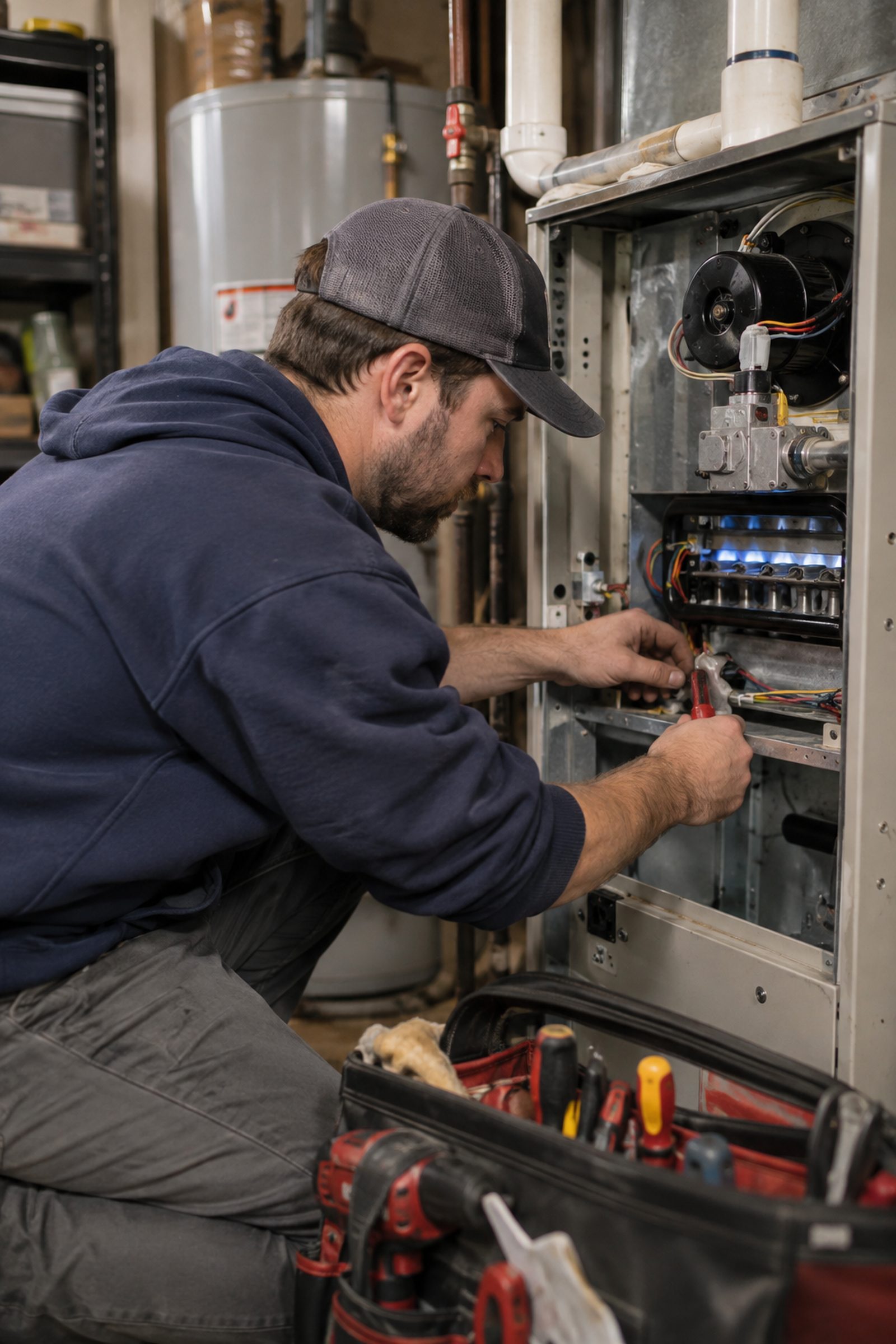 Furnace Repair in Monroe - NY as a technician tests airflow at a basement heating system, Furnace Repair in Chester - NY in progress as a technician tests airflow at a basement unit, Furnace Repair in Chester - NY in progress as a technician tests airflow at a basement unit