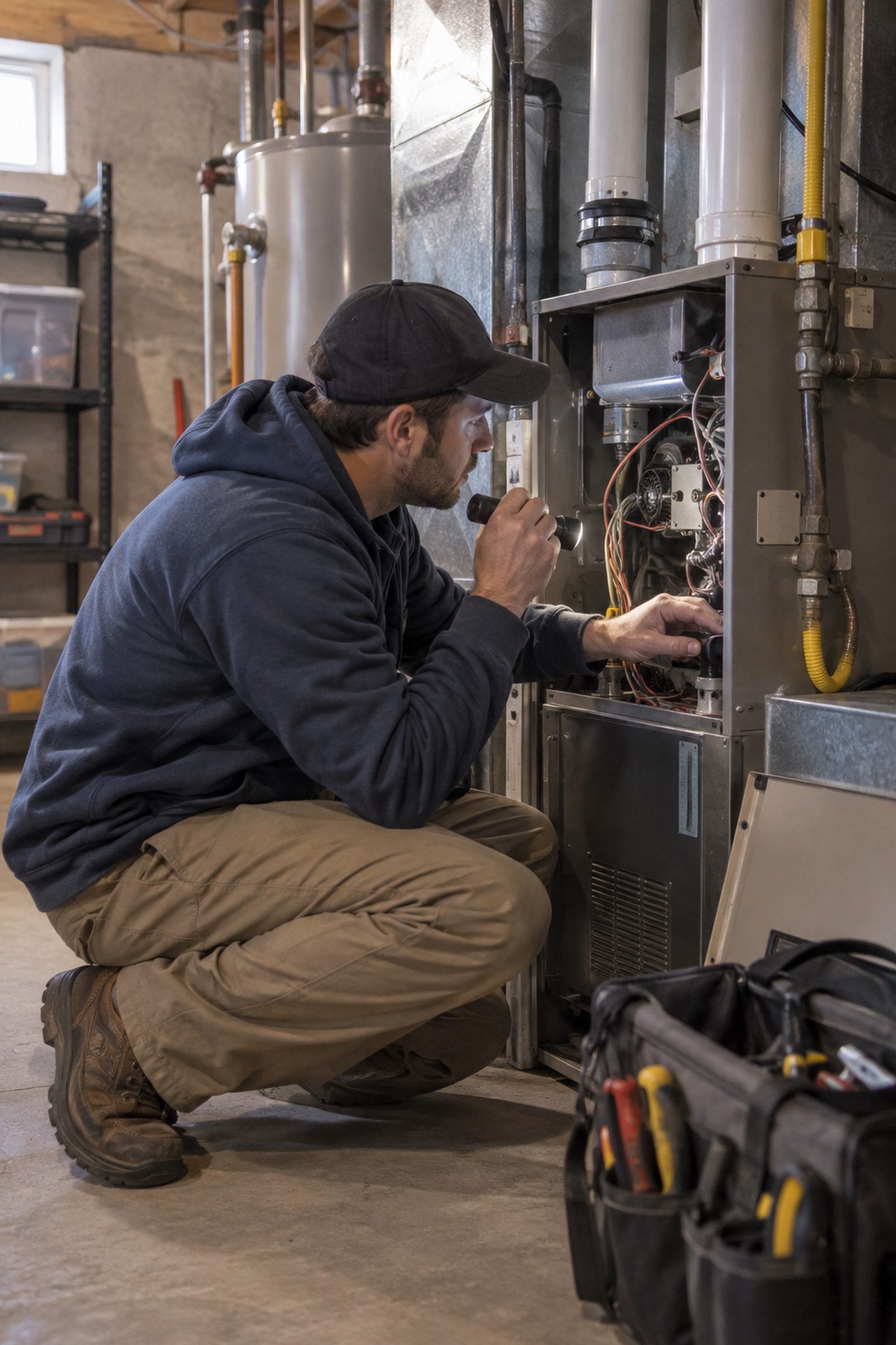 Technician performing Furnace Repair in a Monroe - NY utility area while checking burner performance, Technician performing Furnace Repair beside a heating cabinet in Chester - NY while checking system controls