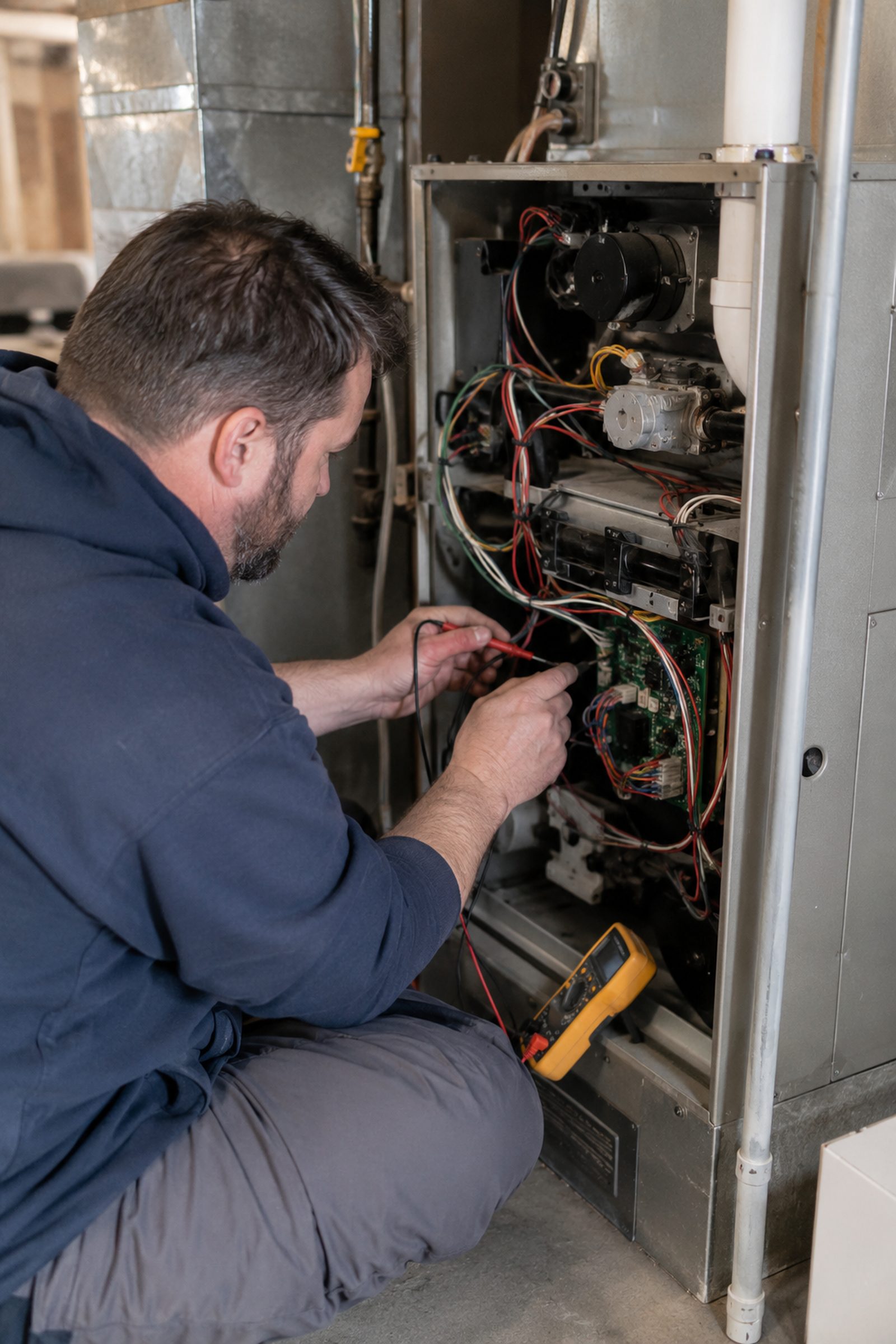 Furnace Repair in Washingtonville - NY as a technician inspects burners inside a residential heating unit, Furnace Repair in Salisbury Mills - NY underway as a technician inspects burner components in a utility room