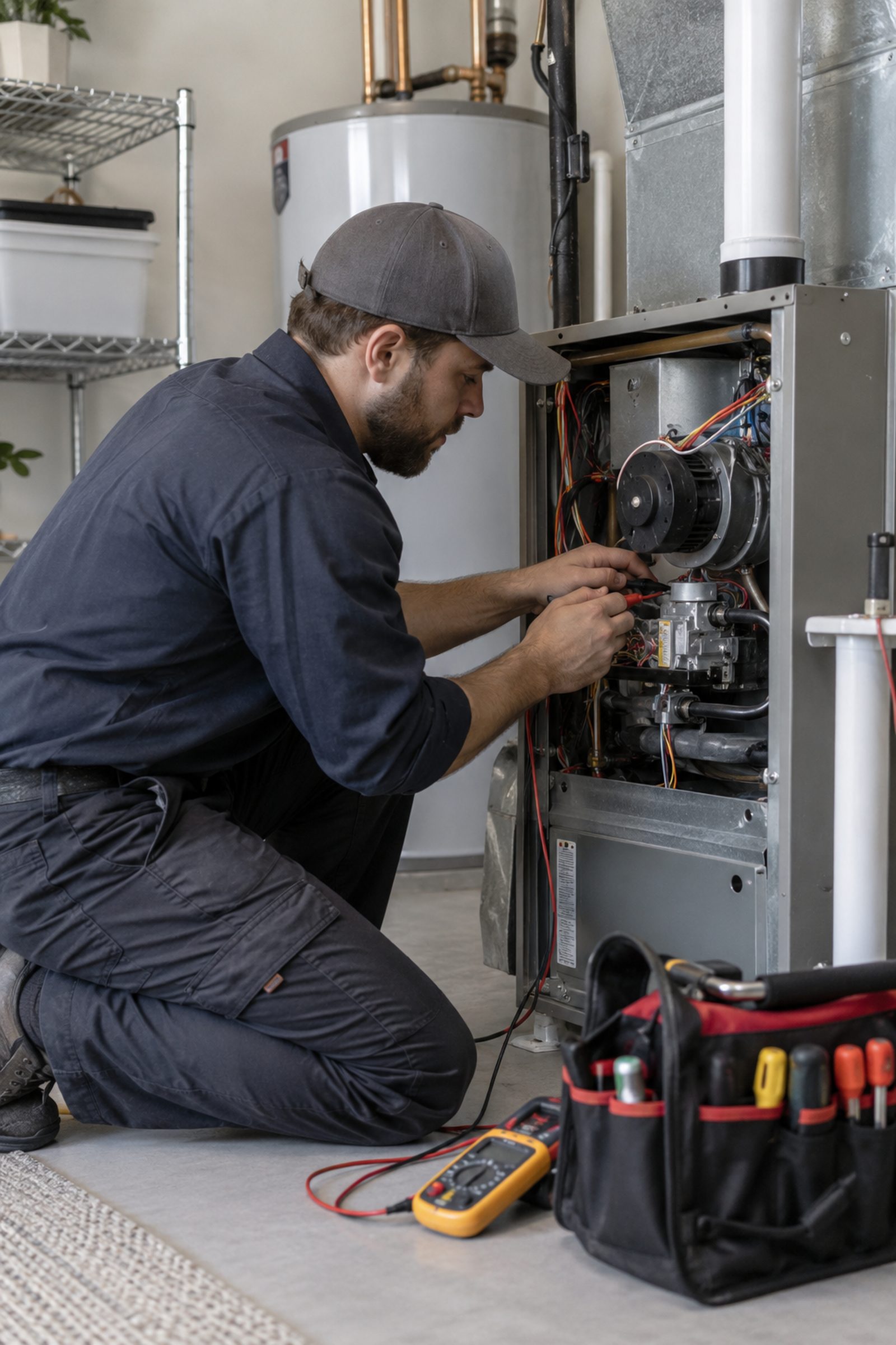 Technician handling Furnace Repair in a Washingtonville - NY basement while testing system airflow, Technician performing Furnace Repair in a Salisbury Mills - NY basement while testing voltage at the heating system