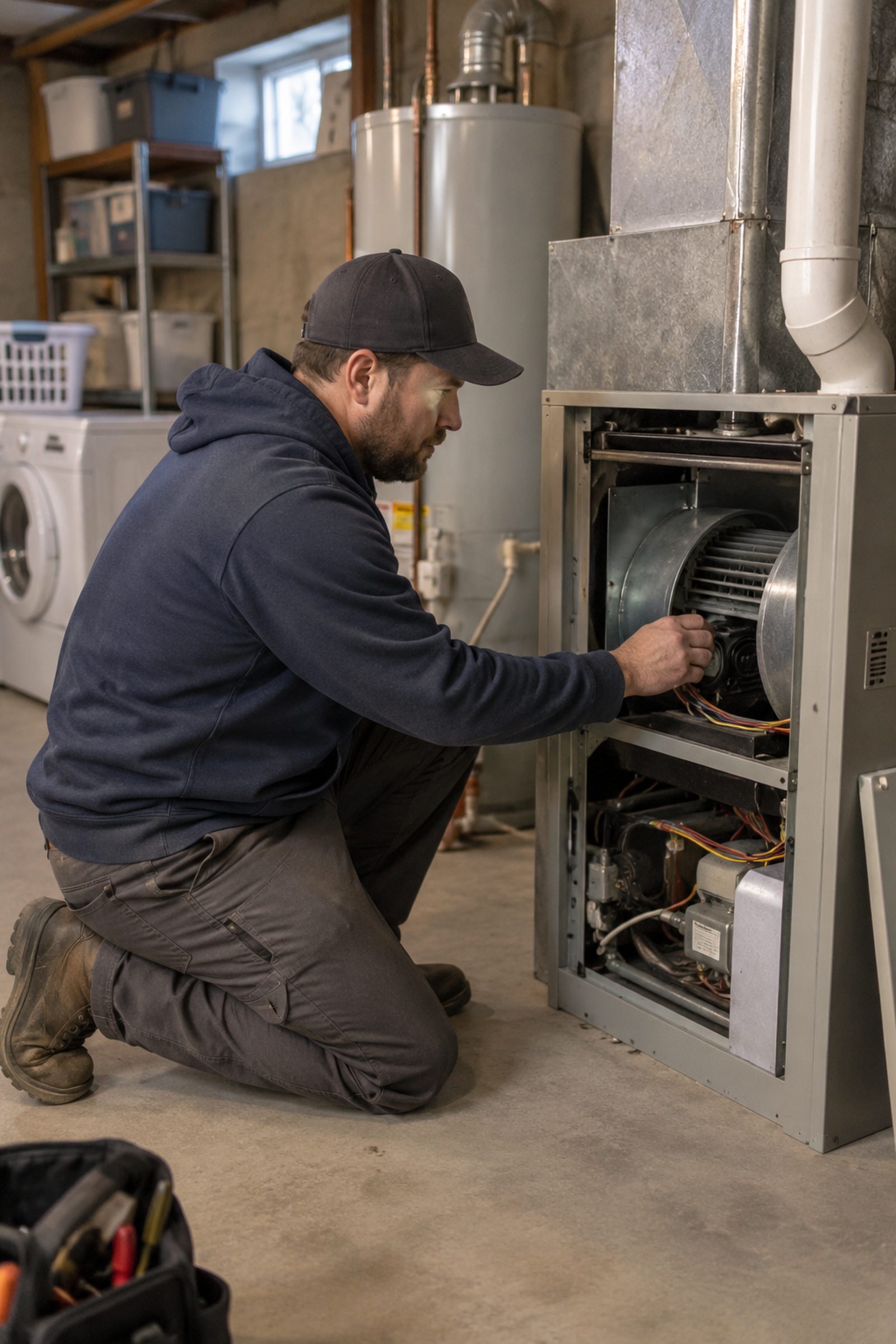 Furnace Repair in New Windsor - NY as a technician tests ignition components in a basement unit, Furnace Repair in Warwick - NY in progress as a technician tests airflow near a basement furnace