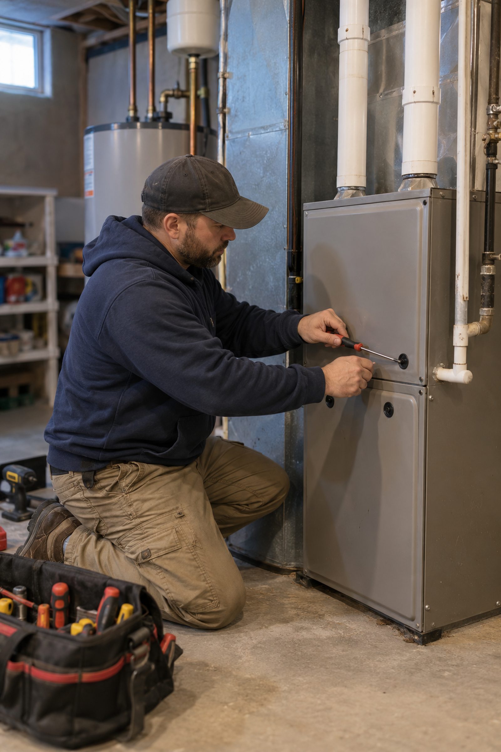 Technician performing Furnace Repair beside a New Windsor - NY utility closet while checking system pressure, Technician performing Furnace Repair beside a Warwick - NY heating system while checking electrical connections